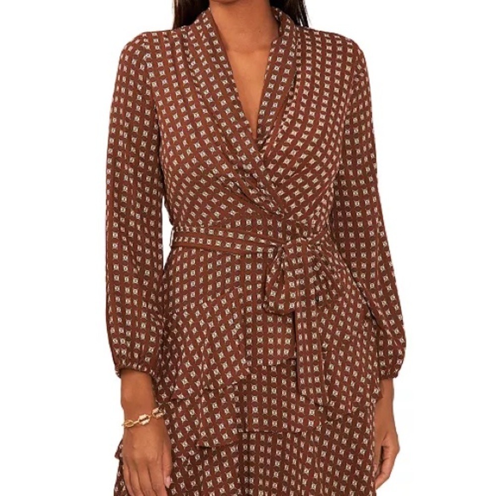 CeCe Brown Geometric Print Long Sleeve Tiered Ruffle Mini Dress XL RN90714 - Picture 8 of 10